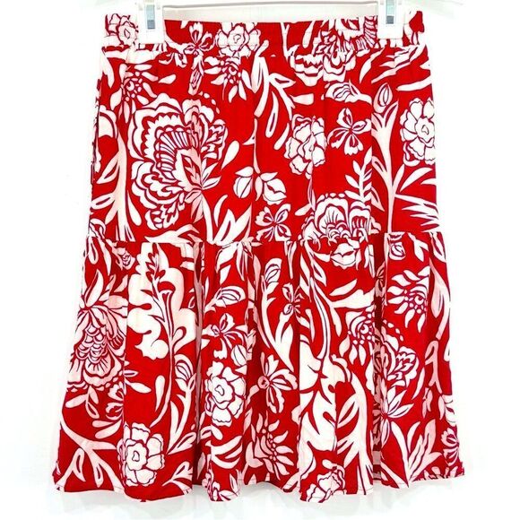 Knox Rose Red White Floral Bird Print Tassel Drawstring Tiered A Line Skirt - Picture 7 of 10